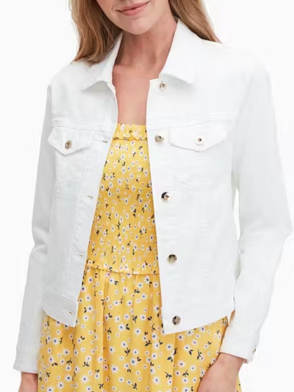 KATE SPADE White Denim Jacket Classic Jean Jacket Pink Striped Cuffs Pockets M